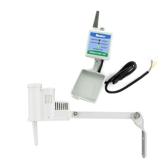 This is a product image for the Hunter WR-CLIK wireless sprinkler rain sensor on a white background. 