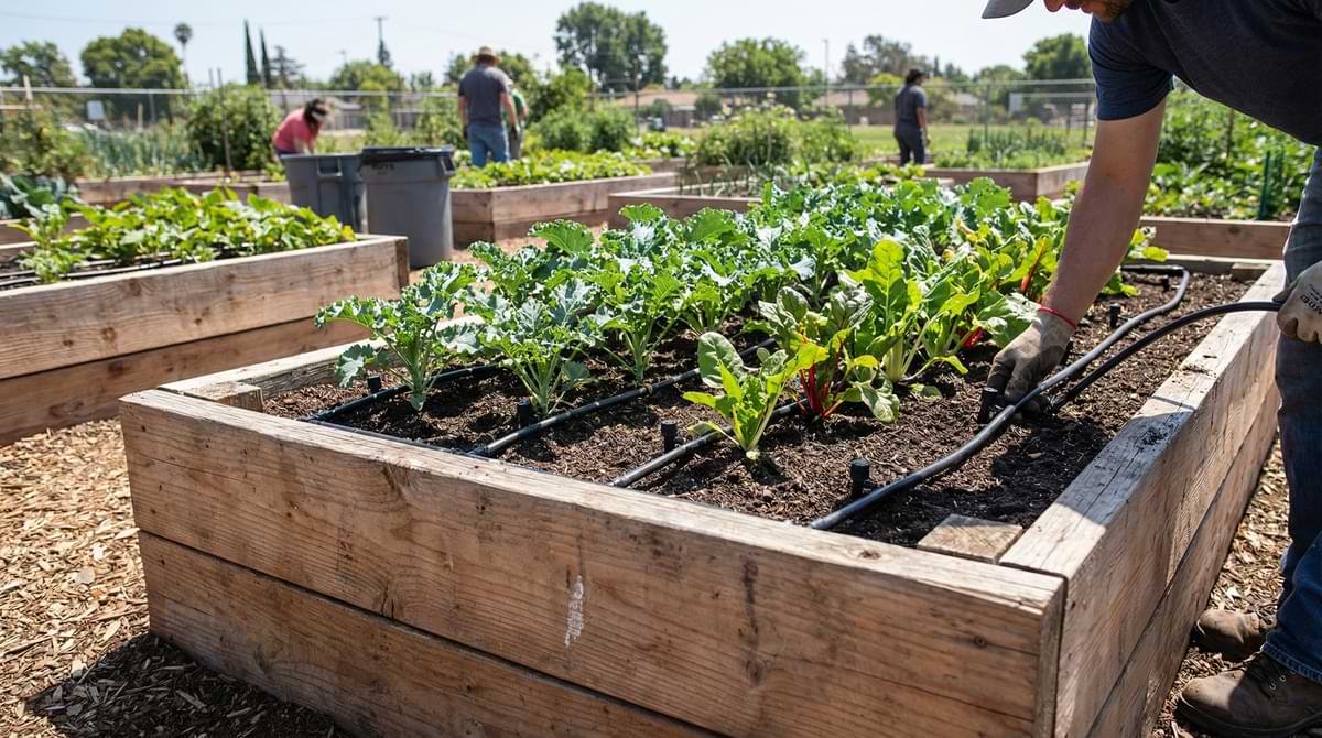 Drip Irrigation Tubing Sizes 1 Person adjusting drip irrigation tubing in a raised garden bed.