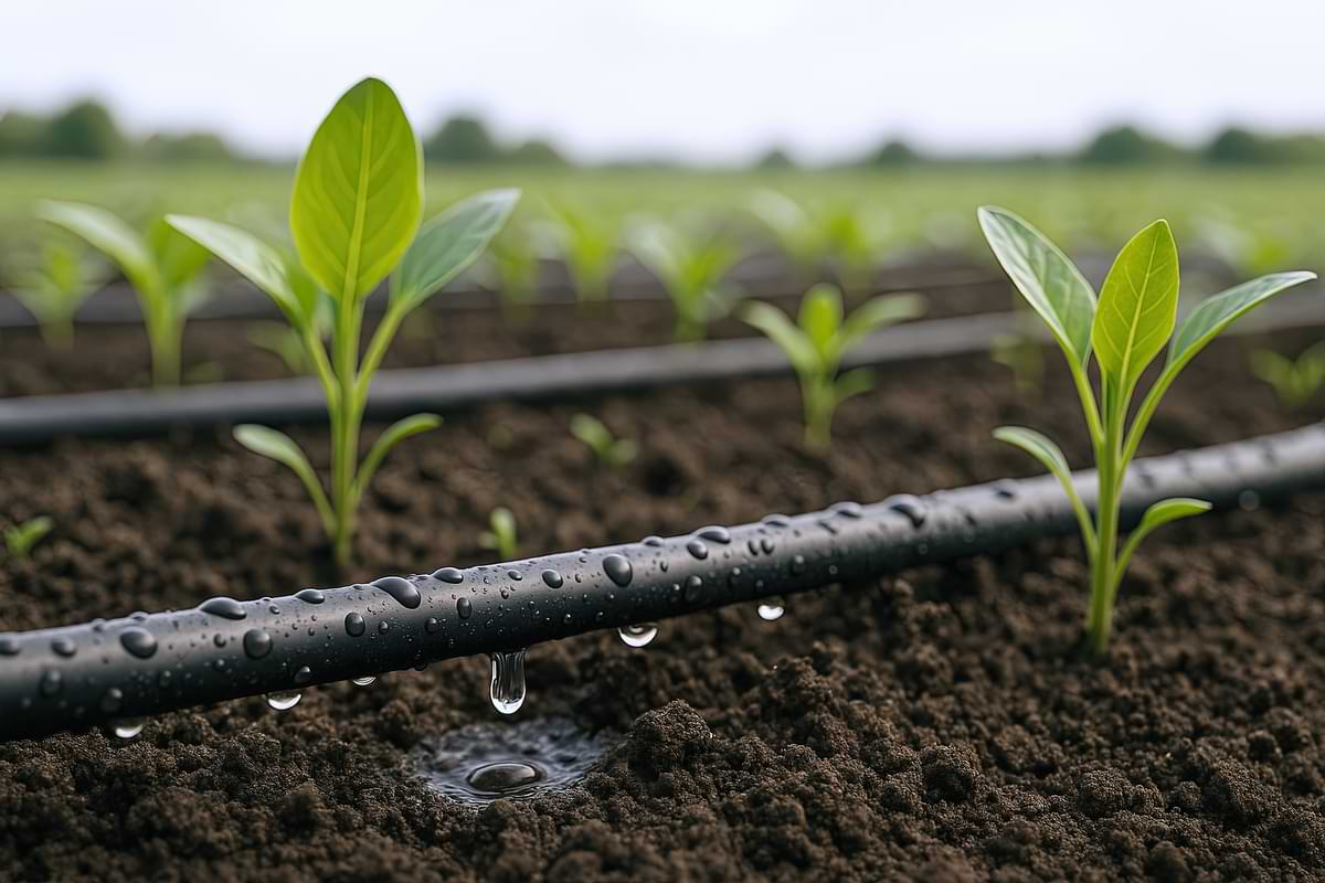 Drib irrigation distribution tubing in young garden.