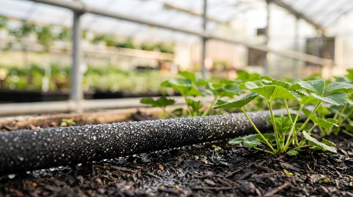 Soaker hose in a vegetable garden. 
