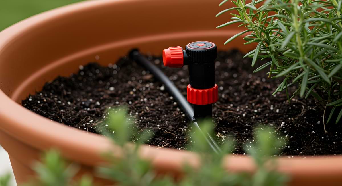Drip micro tubing with a red emitter watering a potted plant. 