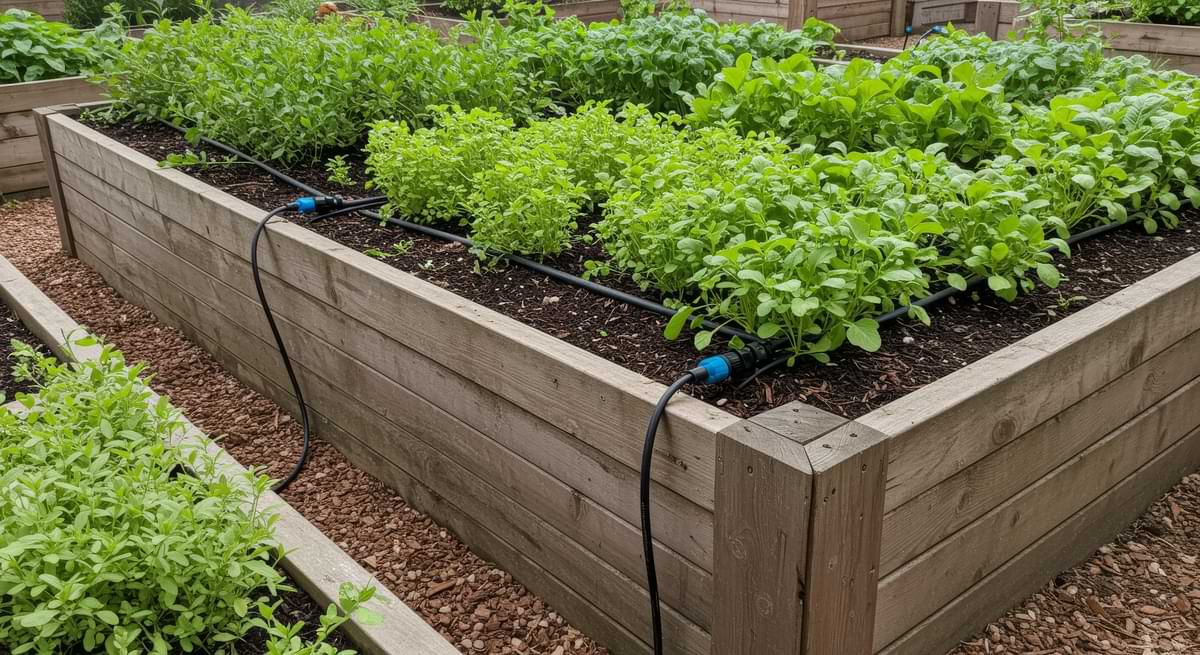 Drip Tubing Irrigation Basics 2 Drip tubing in a raised garden bed.
