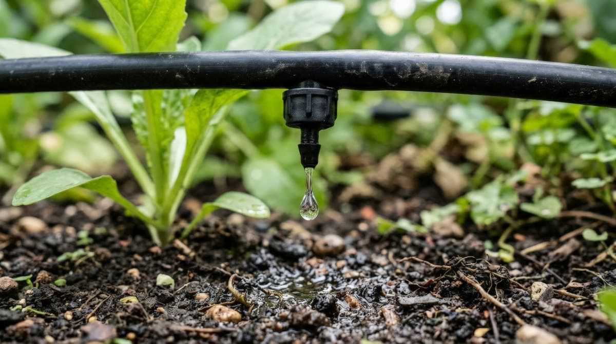 Drip irrigation tubing with water dropping from a pressure compensating drip emitter.