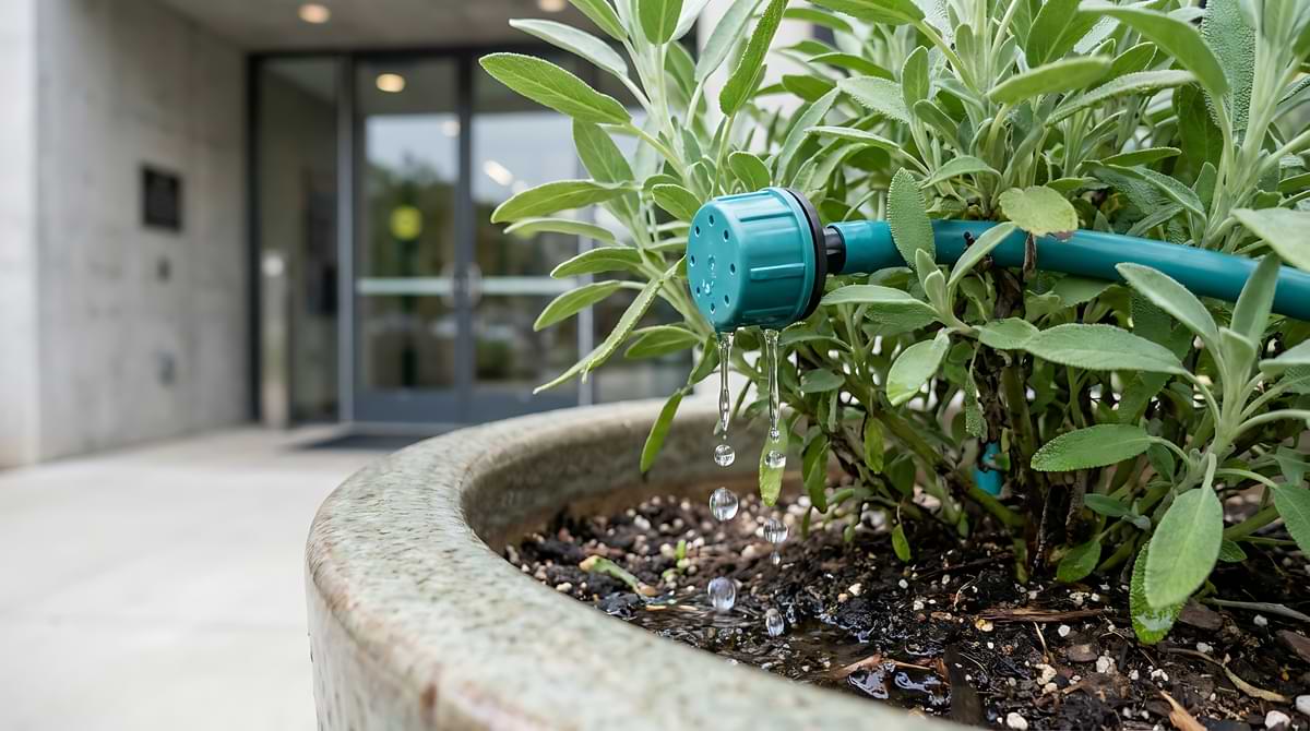 Water dripping from an emitter from a commercial drip irrigation tube in a potted plant with an office building entrance faded in the background.