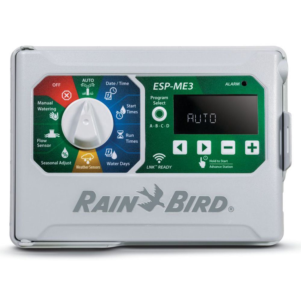 This is a picture of the front of the ESP ME3 Sprinkler System Controller by Rain Bird. The background is white.