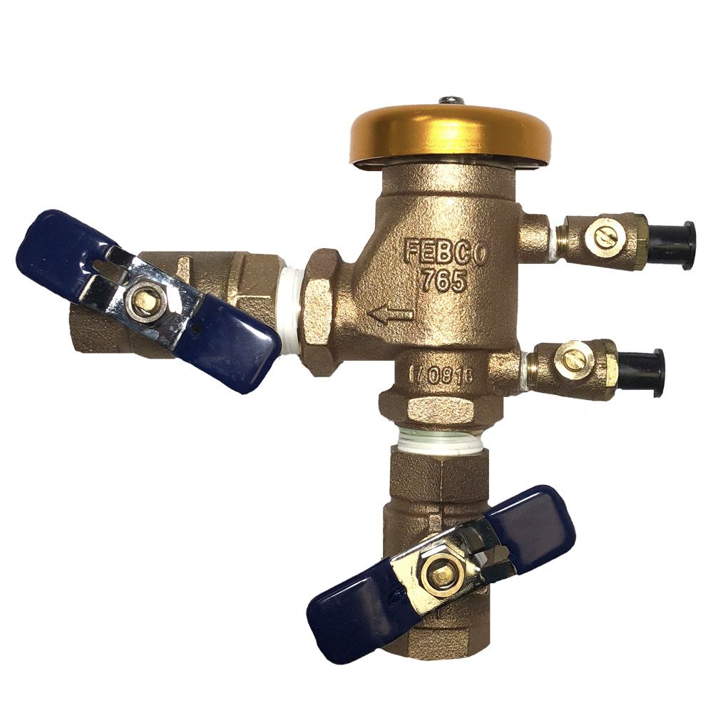 This is an image of the Febco 765 3/4" PVB backflow preventer in broze with blue quarter turn ball-valves.
