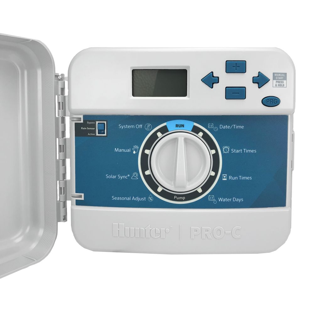 This image shows a Hunter Pro-C Modular 4 Station Indoor Irrigation Controller.