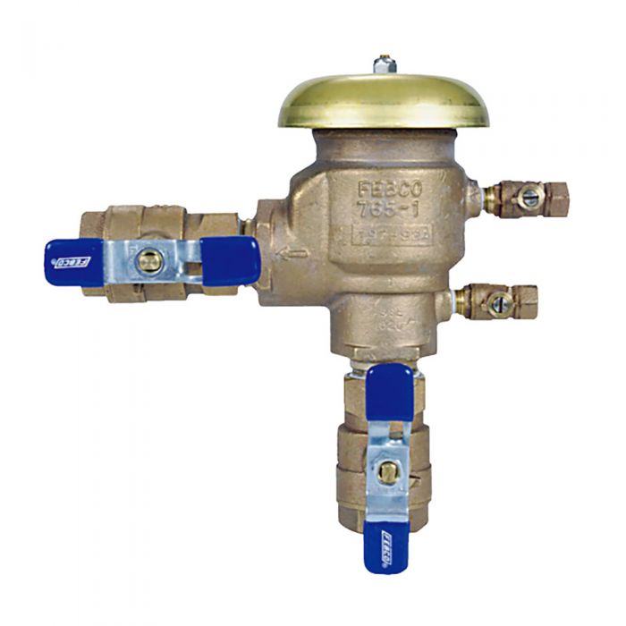 This picture shows a Febco 765 brass backflow prevention device against a white background.