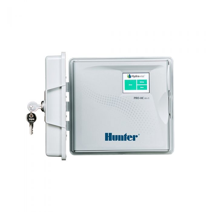 This is a product image for the Hunter Pro HC 12 station WIFI controller for irrigation systems.