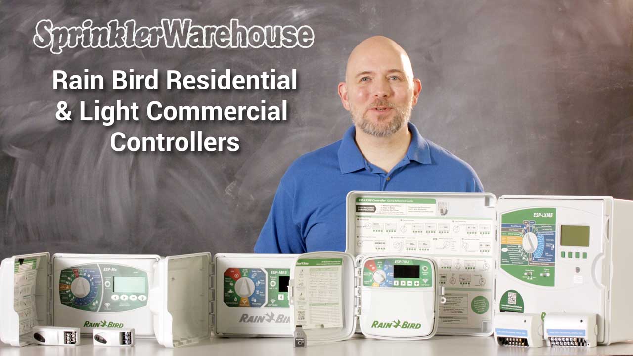 This video thumbnail shows Dwayne Smith the Sprinkler Warehouse Pro in a blue polo shirt with an assortment of Rain Bird Sprinkler controllers.