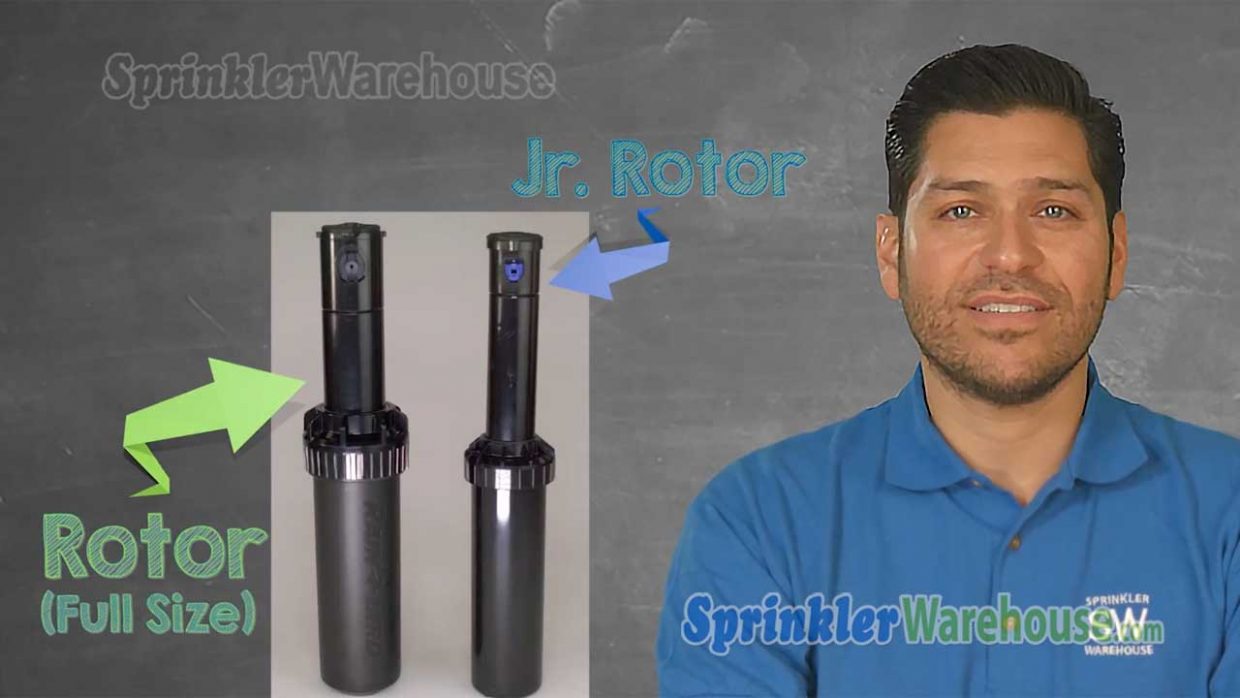 This video thumnail shows the Sprinkler Warehouse product specialist in a blue polo shirt with a couple of irrigation rotors.