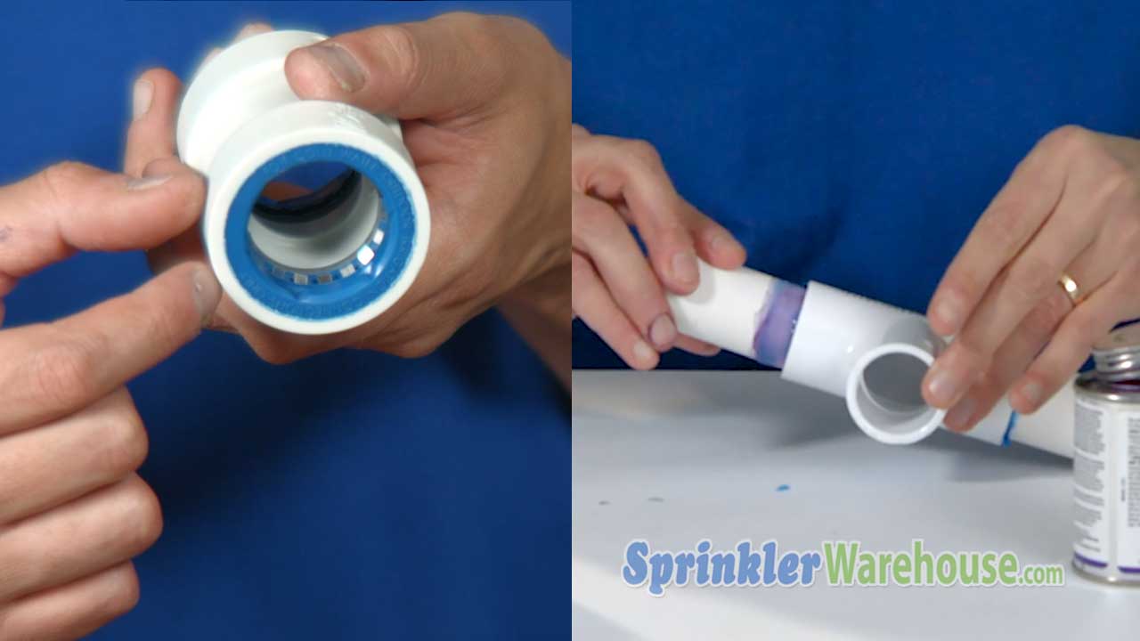 This video thumbnails shows 2 shots from the video. One shows PVC pipe with purple glue and the other shows PVC blue lock fittings.