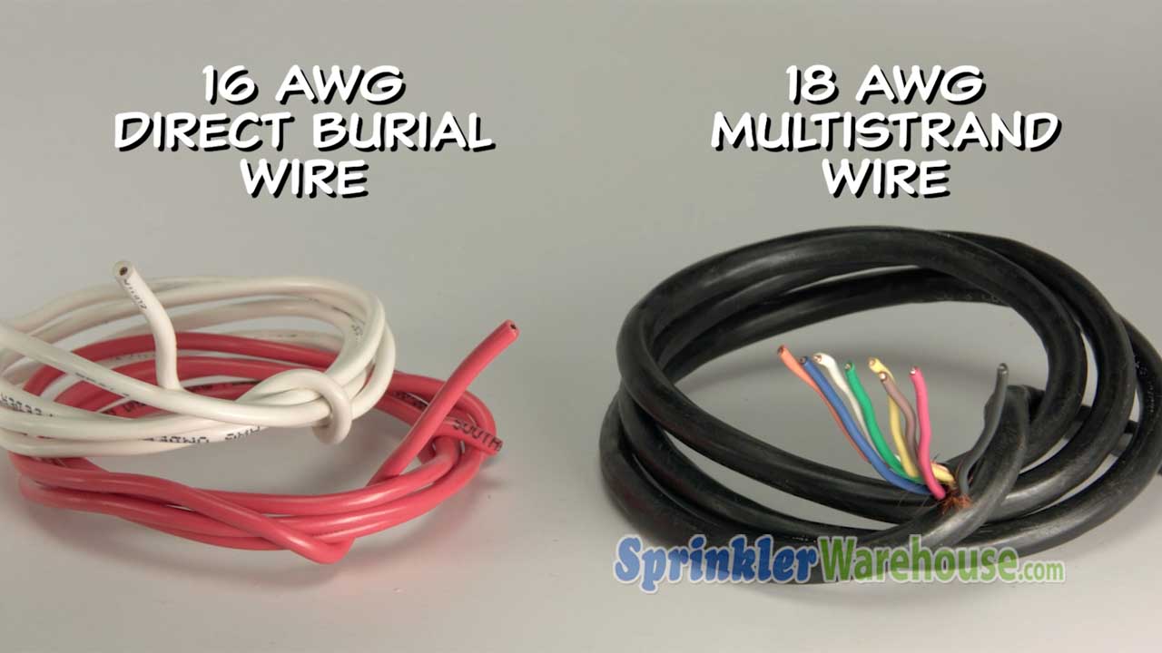 This is a video thumbnail for a video about choosing sprinkler wire showing 3 coils of direct burial wire.