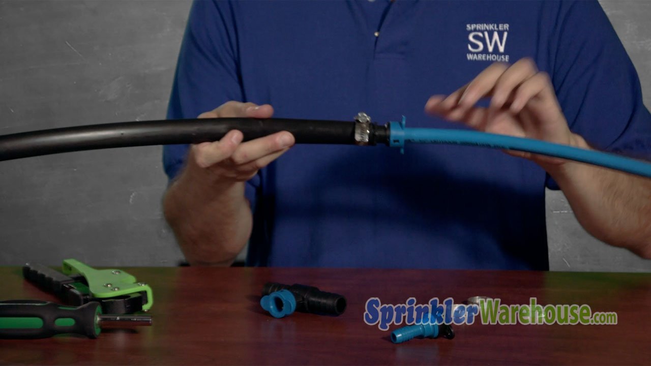 This video thumbnail shows the Sprinkler Warehouse Pro connecting poly pipe to Blu-Lock.