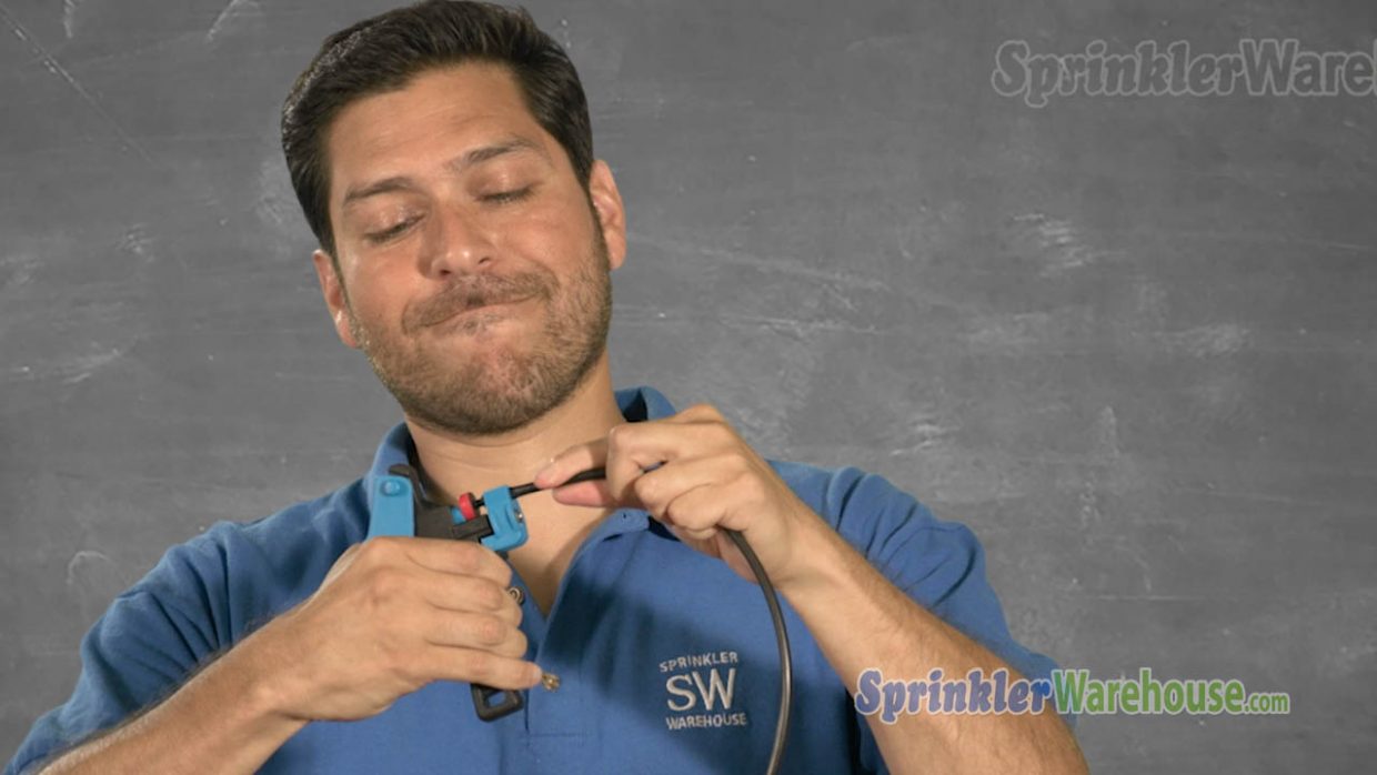 How to Install Irrigation Barbed Fittings in Micro Tubing 3 This video thumbnail shows the Sprinkler Warehouse Pro demonstrating the use of a drip insertion tool for drip irrigation barbs.