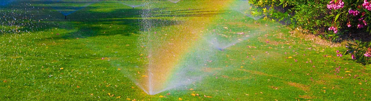 This is a picture of a lush yard with gear drive sprinklers spraying water and showing a rainbow in the light.