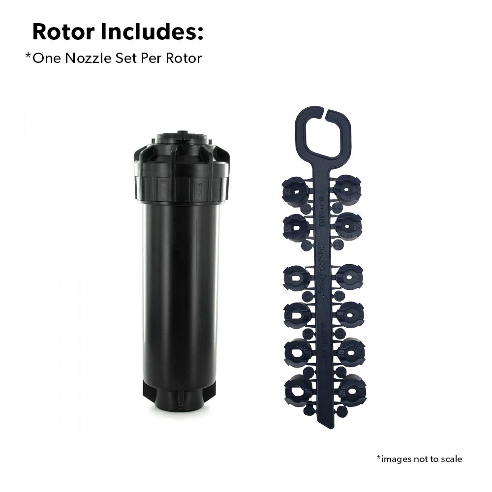 Rain Bird rotor sprinkler product picture on a white background, also shows the nozzles included with the rotor.
