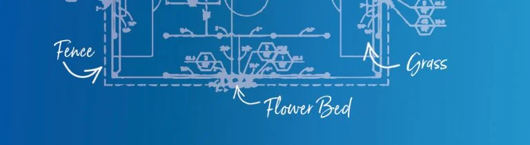Tutorials Install & Design 13 This is a decorative image with a diagram of a landscape plan on a blue background.