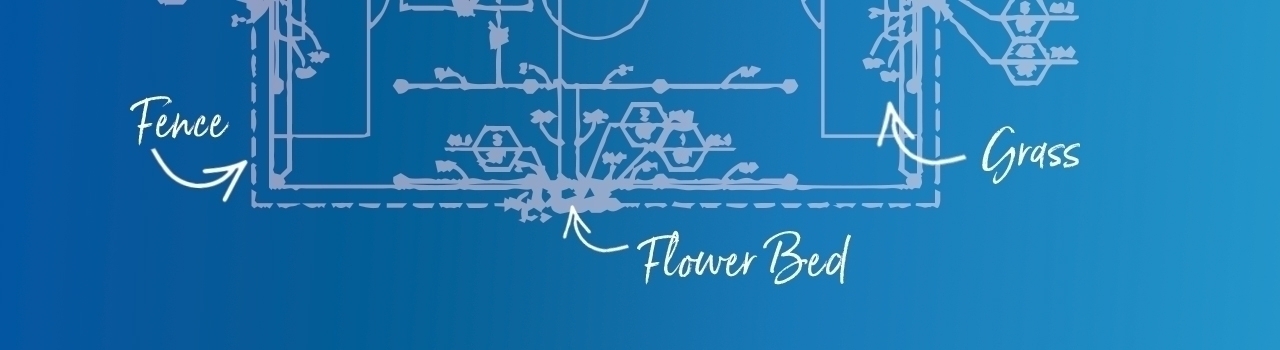 Drip Design & Install 6 This is a decorative image with a diagram of a landscape plan on a blue background.
