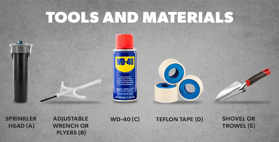 graphic featuring sprinkler head, adjustable wrench, wd-40, Teflon tape, and trowel