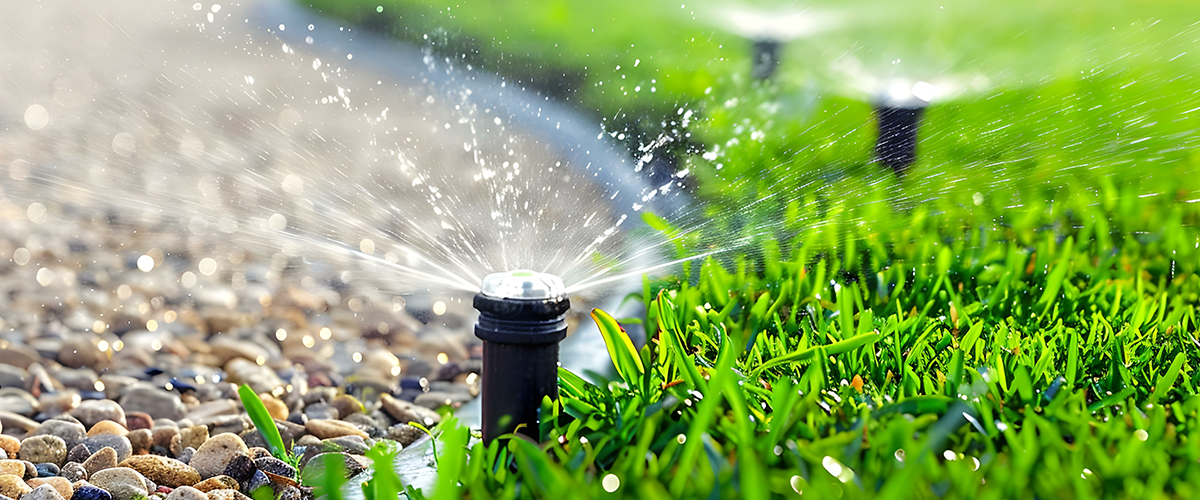 Sprinkler Controller Guide 1 Sprinkler pop up rotors watering green grass next to a bed of gravel.