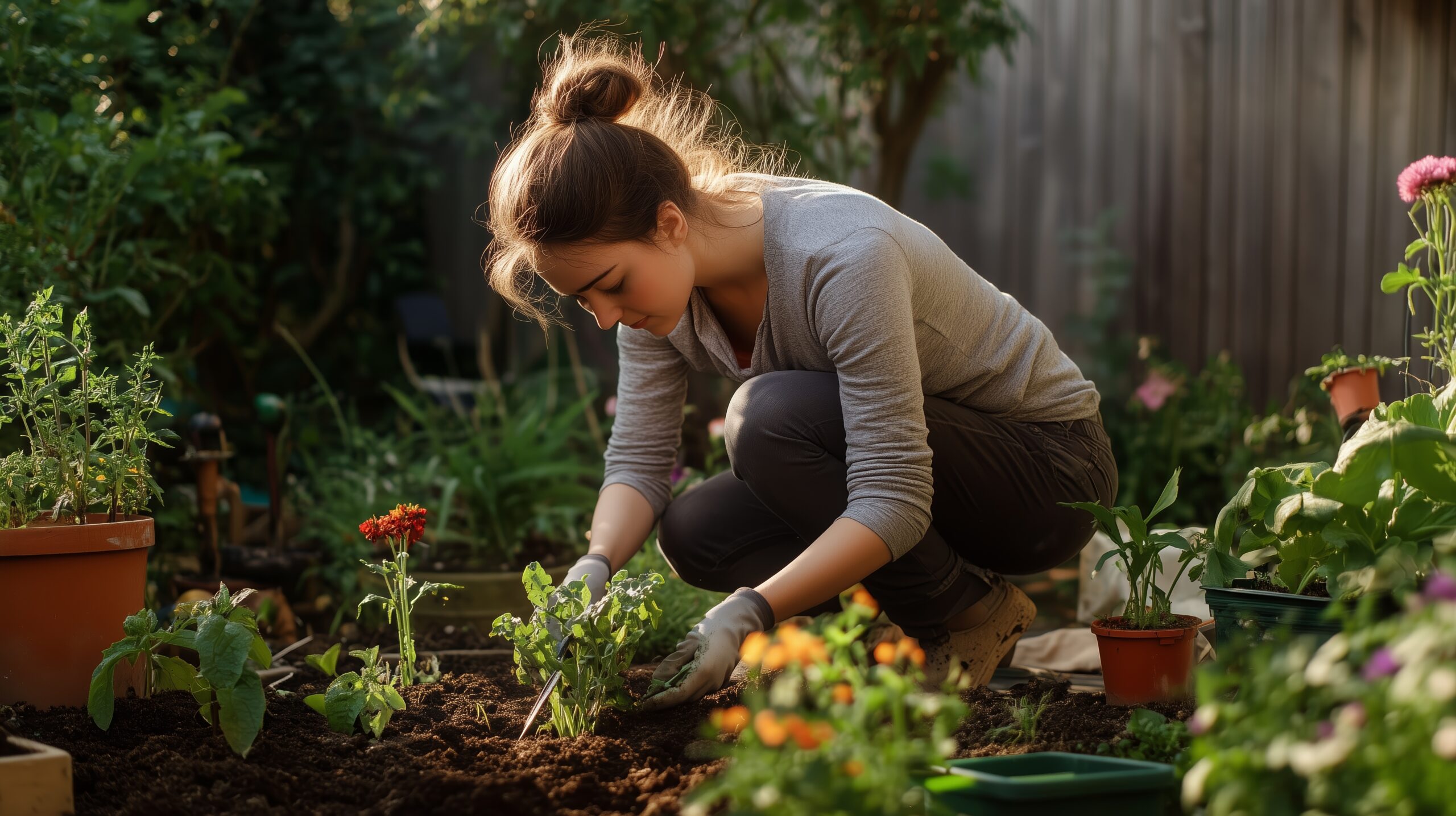 A young woman is kneeling in her garden, carefully planting flowers and vegetables while enjoying the warmth of a sunny afternoon.
