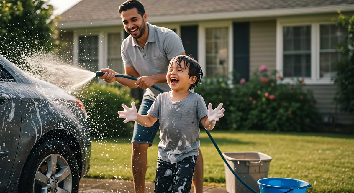 How to Find the Best Garden Hose: Length, Watering Duration, & Lifespan 1 Happy dad spraying his soapy car with water hose next to his wet laughing son.