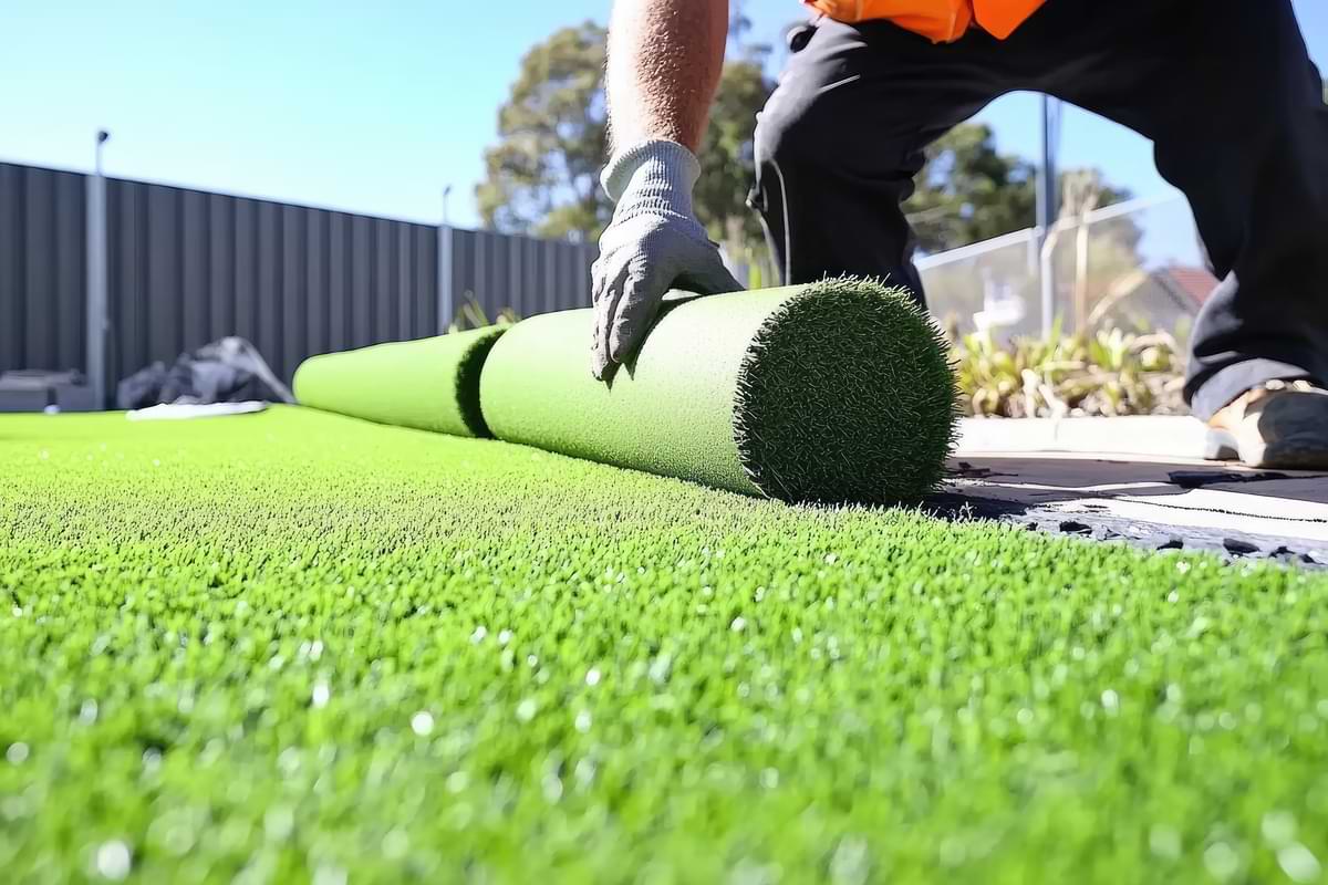 Is Turf Real Grass? 2 Man unspooling turf to install turf grass in a yard.