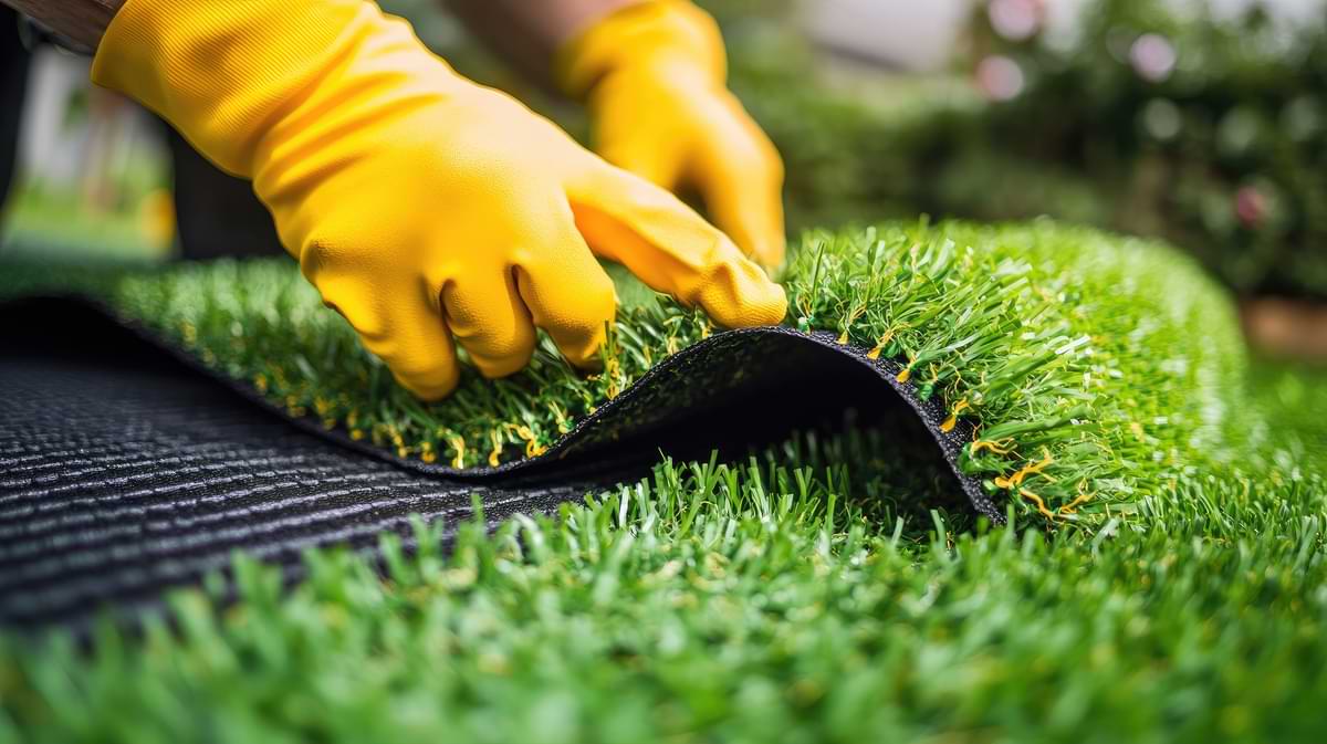 Maintenance 3 Person in yellow gloves touching turf grass blades before laying it.