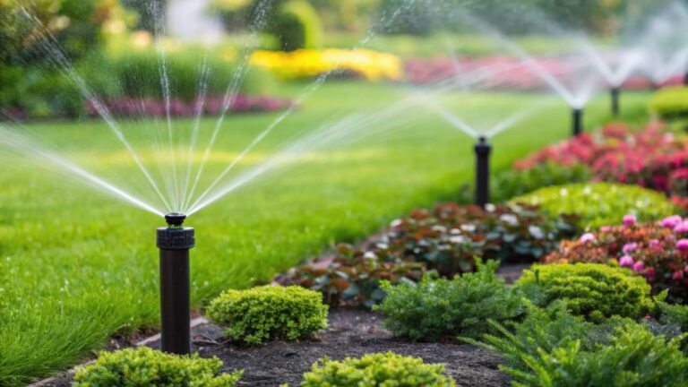 Tutorials Install & Design 5 Above ground sprinkler rotors watering a flower garden on the right side and a lush, green lawn on the left.
