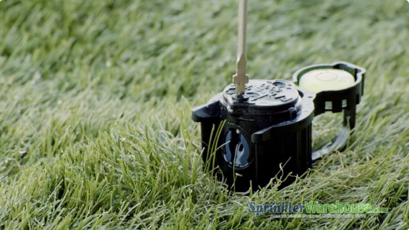 How to Adjust Rain Bird 5000 Series Sprinkler Head Rotors: Irrigation Guide 1 Adjusting the spray distance on a Rain Bird 5000 Series rotor with a screw driver and rotor hold up tool.