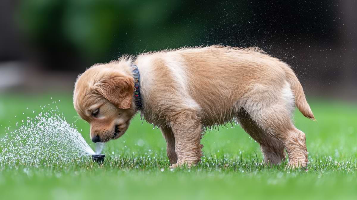 Maintenance 6 Golden retriever puppy aiming his snout at the top of an active pop-up sprinkler rotor.
