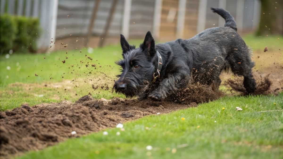 Dogs and Sprinklers: How to Protect Sprinkler Heads from Dogs & Other Pets 2 Charcoal color Schnauzer dog digging a trench in a backyard, flinging dirt around.