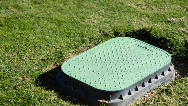 Tutorials Install & Design 8 Rectangular green valve box lid resting next to a hole in a yard with green grass.