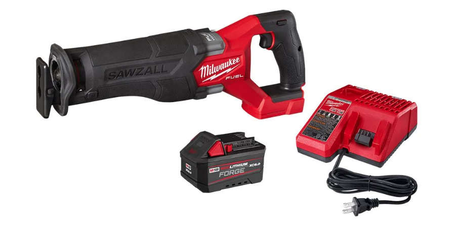 Sawzall Guide: Reciprocating Saw Blades & Tips for DIY Projects 1 Milwaukee reciprocating saw , M18 battery, and battery charger against a white backdrop.