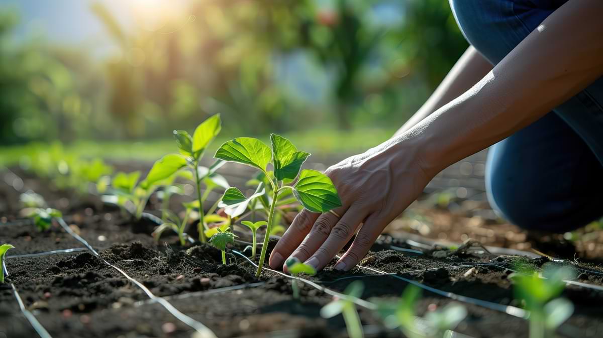 Drip Irrigation for Vegetable Gardens 1 Person planting a vegetable garden with wire drip irrigation tubes running throughout the garden.