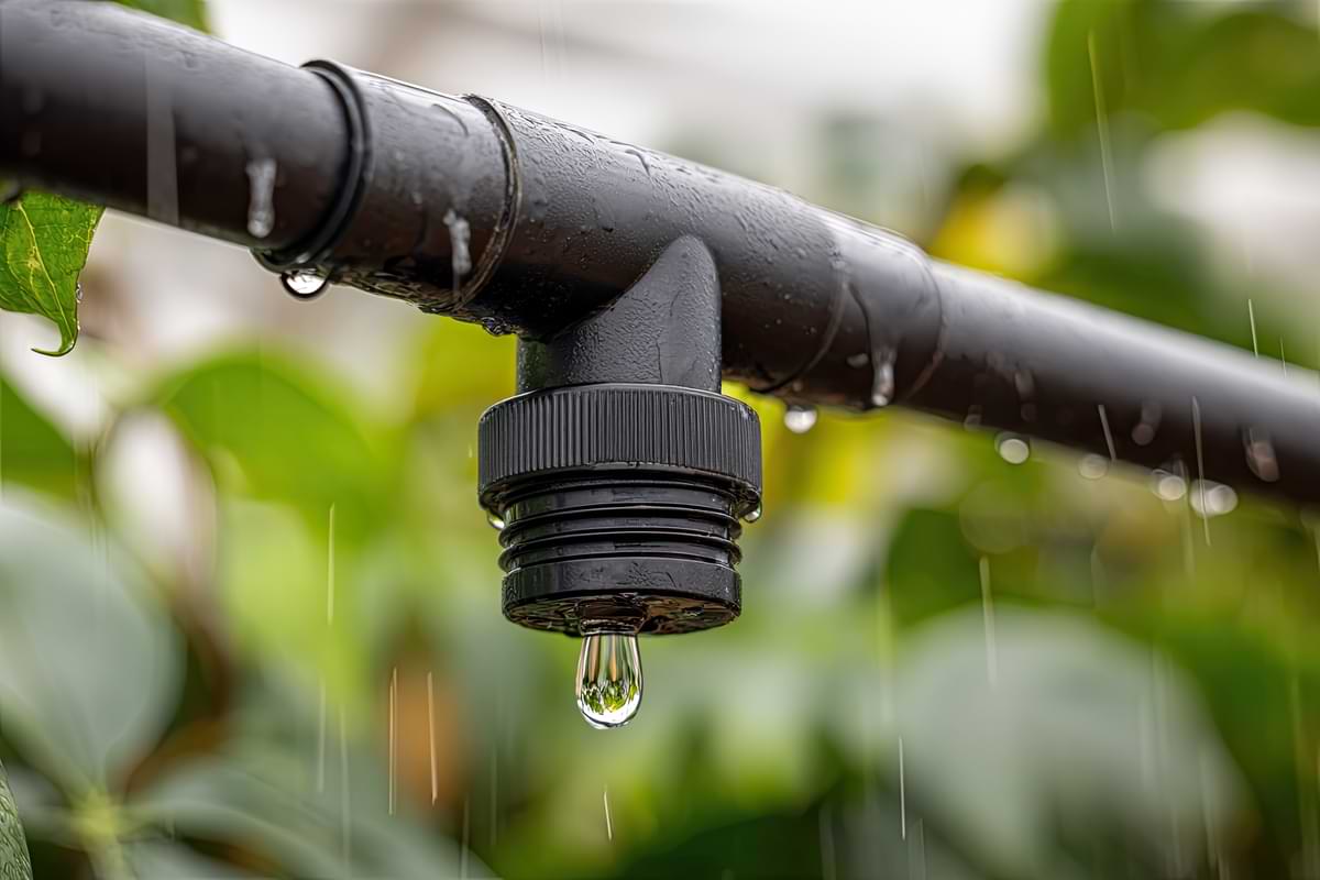 How to Manage a Greenhouse Irrigation System 2 Close up of drip irrigation tubing with water drips loosely clinging to the tubing exterior ready to drop, indicating recent irrigation activity.