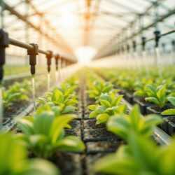 Lawn Care 3 A greenhouse irrigation system with vibrant young green plants and the sun gently shining through the greenhouse rear.