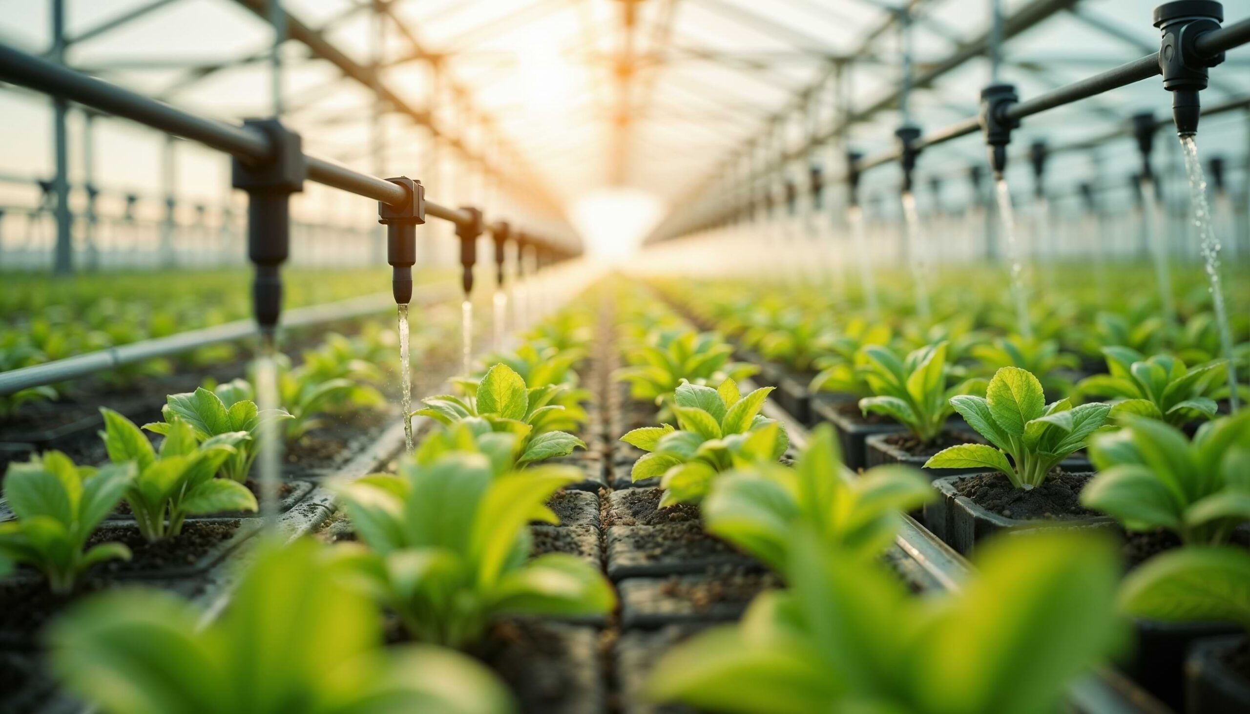 A greenhouse irrigation system with vibrant young green plants and the sun gently shining through the greenhouse rear.