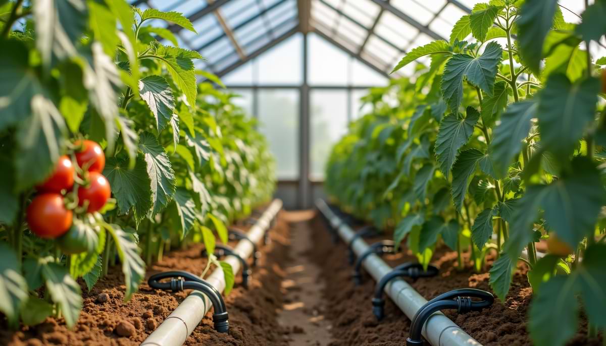 How to Manage a Greenhouse Irrigation System 1 Greenhouse drip tubing woven throughout irrigation pipes running straight and parallel between a row of tomato plants on the left and rows of an unknown produce plant on the right.
