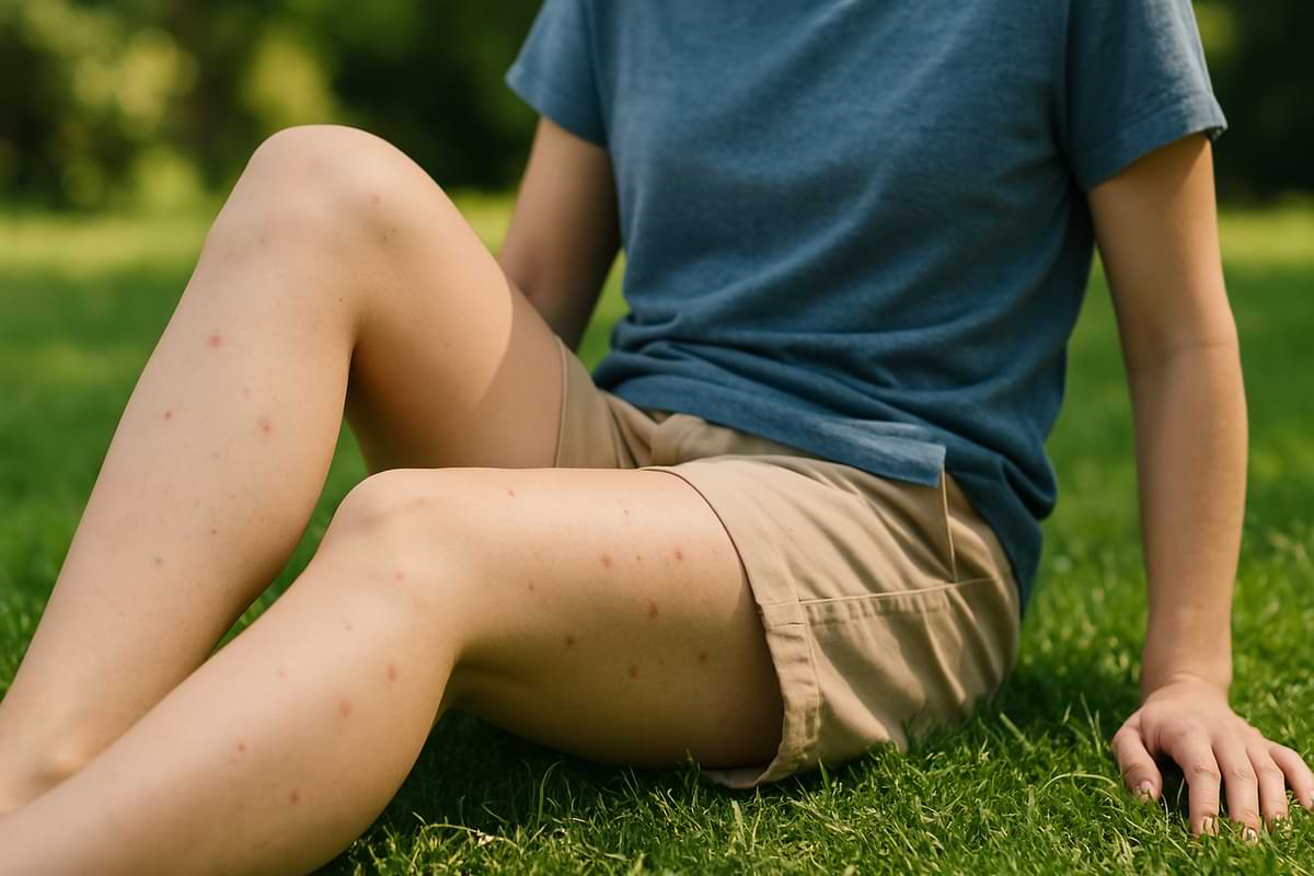 How to Avoid Lawn Overwatering: Common Signs & Helpful Tips 3 Boy sitting on grass with red mosquito spots on his legs and thighs.