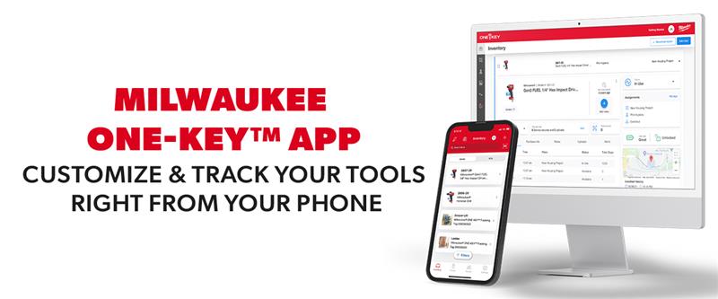 Milwaukee Tool's ONE-KEY™ App: Smarter Tools for Professional Landscapers & DIYers 1 Desktop computer monitor and smart phone both displaying the ONE-KEY App from Milwaukee Tool against a white backdrop.