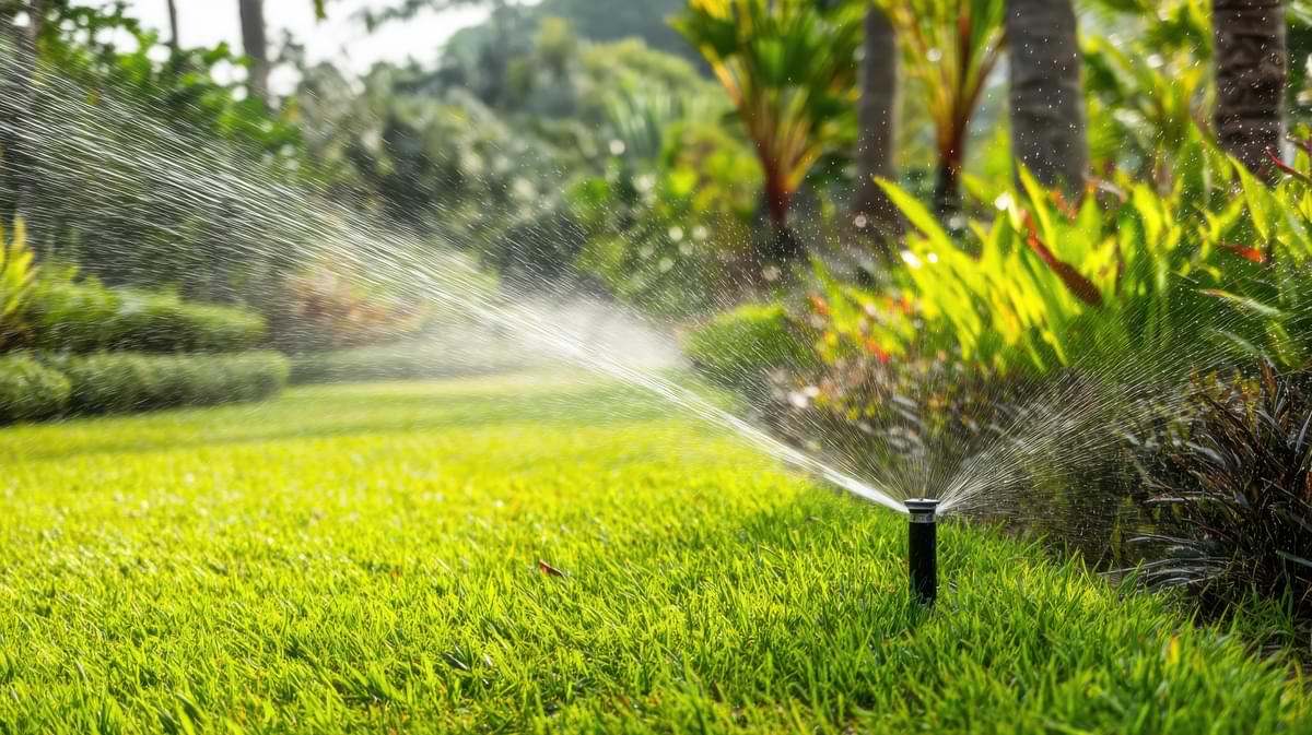 Underground Sprinkler System Guide: Where and How to Dig, and More 1 Sprinkler rotor watering a patch of grass to the left and a plant garden to the right during a sunny day.