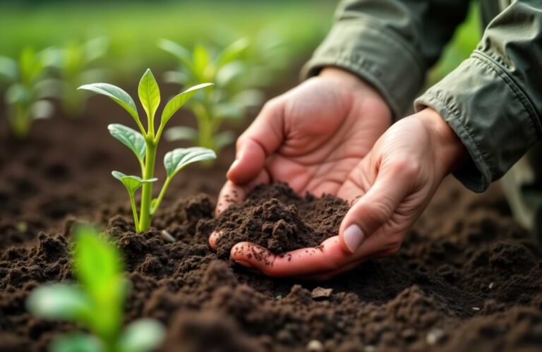 Tutorials Install & Design 6 Person cupping garden soil with two hands next to a small, light green plant in the early stages of development.