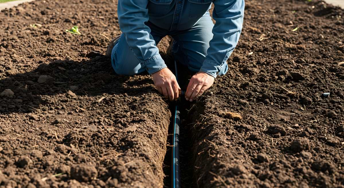 Person laying black irrigation pipe in the ground.