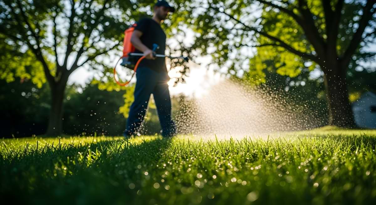 Person using liquid fertilizer to fertilize lawn.