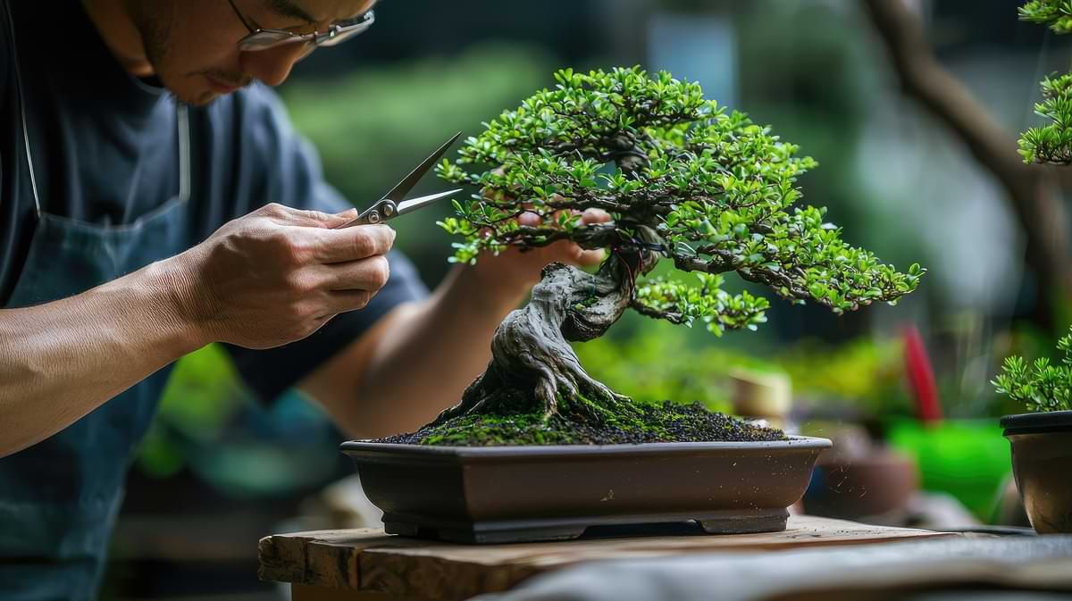 Bonsai Fertilizer Guide 1 Man trimming bonsai plant.