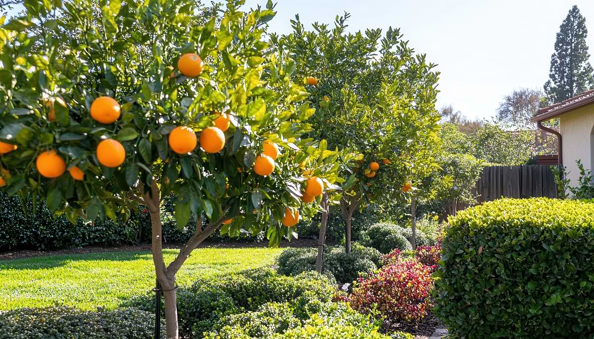 Beautiful orange trees at the edge of a residential lawn. 