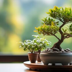 Closeup of a small bonsai plant with rocks at the roots next to two smaller plants with a blurred background.