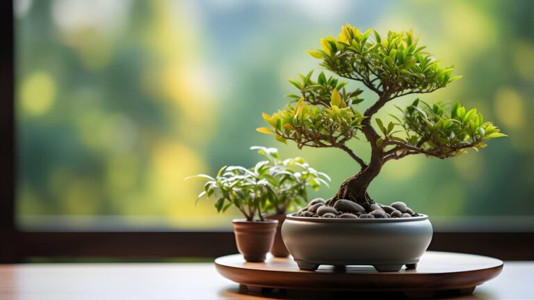 Closeup of a small bonsai plant with rocks at the roots next to two smaller plants with a blurred background.
